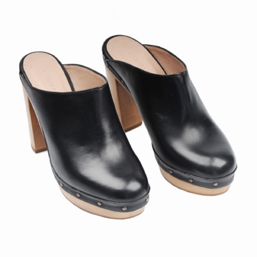 Gerard Darel Darrel Clog Wood Wooden leather heels black mules slides 9 9.5